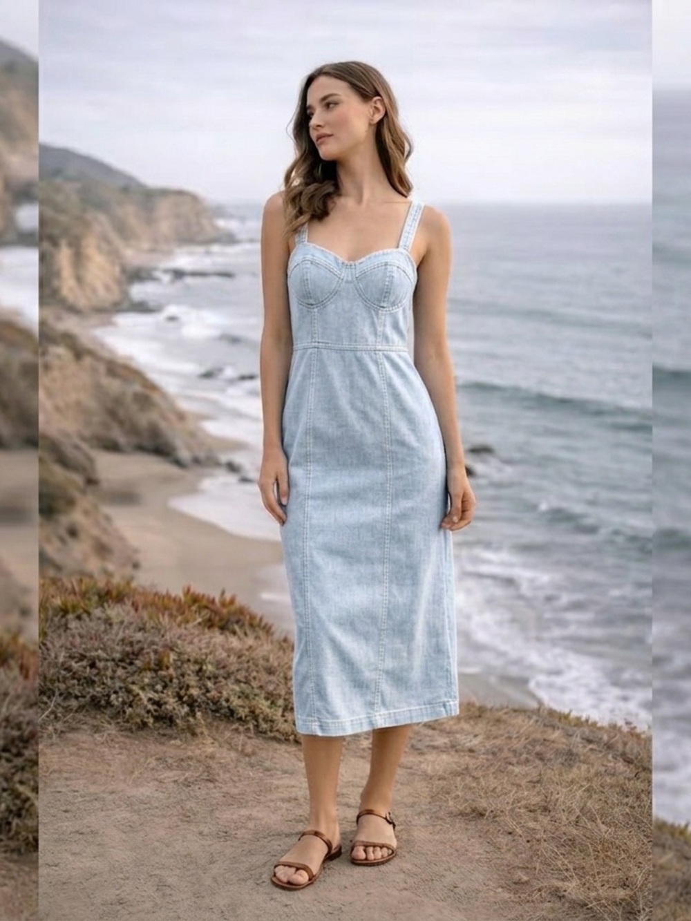 Anthropologie ✨ YFB✨ Chambray Denim Adjustable Straps Midi Dress With Pockets✨